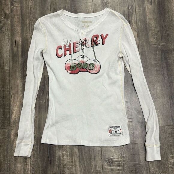 True Religion Women's Cherry Bomb Long Sleeve White Graphic Top xl - Picture 1 of 6
